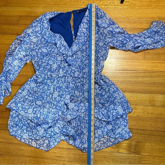 ZARA Womens Long Sleeve Ruffle Romper One Piece Blue Floral Size M  V-neck(E5 - Picture 6 of 12